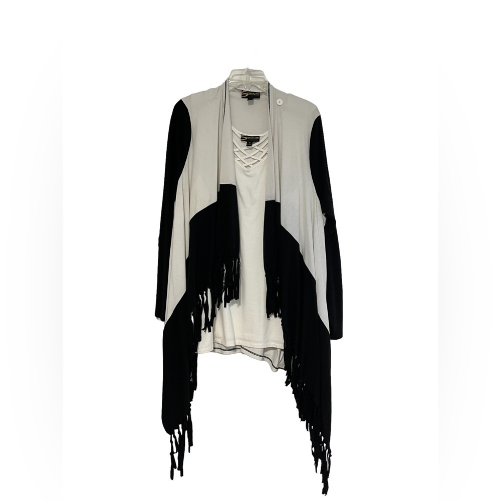 2 Piece Serena Williams Signature Black/Ivory FRINGED Topper and Tank